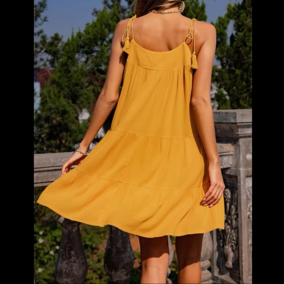 NEW Lightweight Cotton Cami Mustard Dress Spaghetti Straps Ruffle Hem Summer - Picture 3 of 6